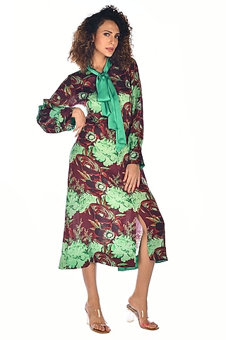 Green Satin Georgette Digital Printed Shirt Midi Dress by Isadaa by Rotna Dutt