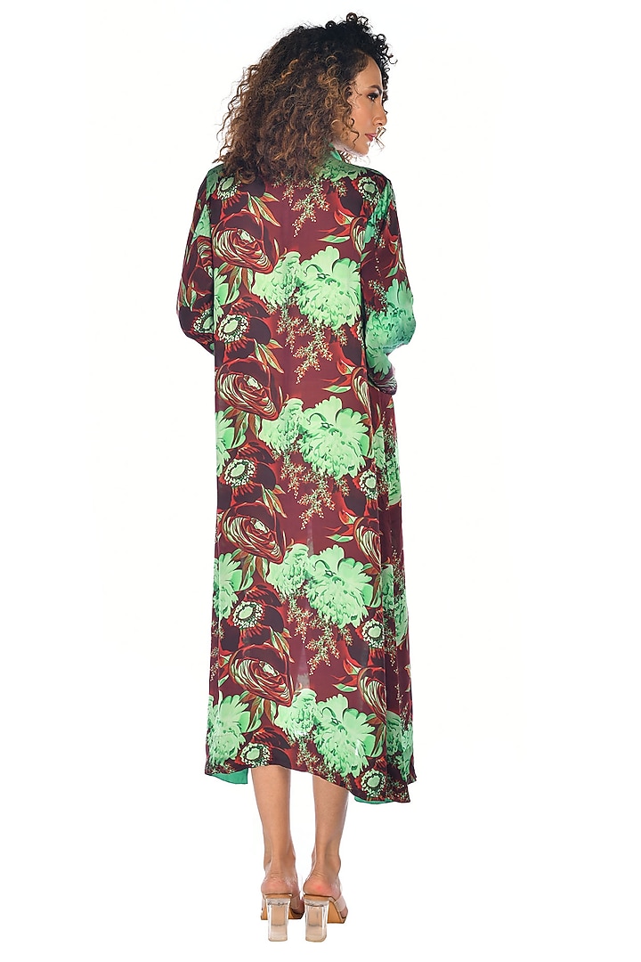 Green Satin Georgette Digital Printed Shirt Midi Summer Dress by Isadaa by Rotna Dutt at Pernia's Pop Up Shop