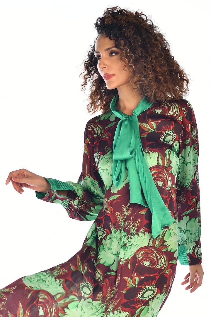 Green Satin Georgette Digital Printed Shirt Midi Summer Dress by Isadaa by Rotna Dutt at Pernia's Pop Up Shop