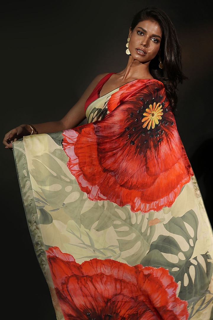 Yellow Satin Organza Digital Printed Party Wear Saree Set by Isadaa by Rotna Dutt at Pernia's Pop Up Shop