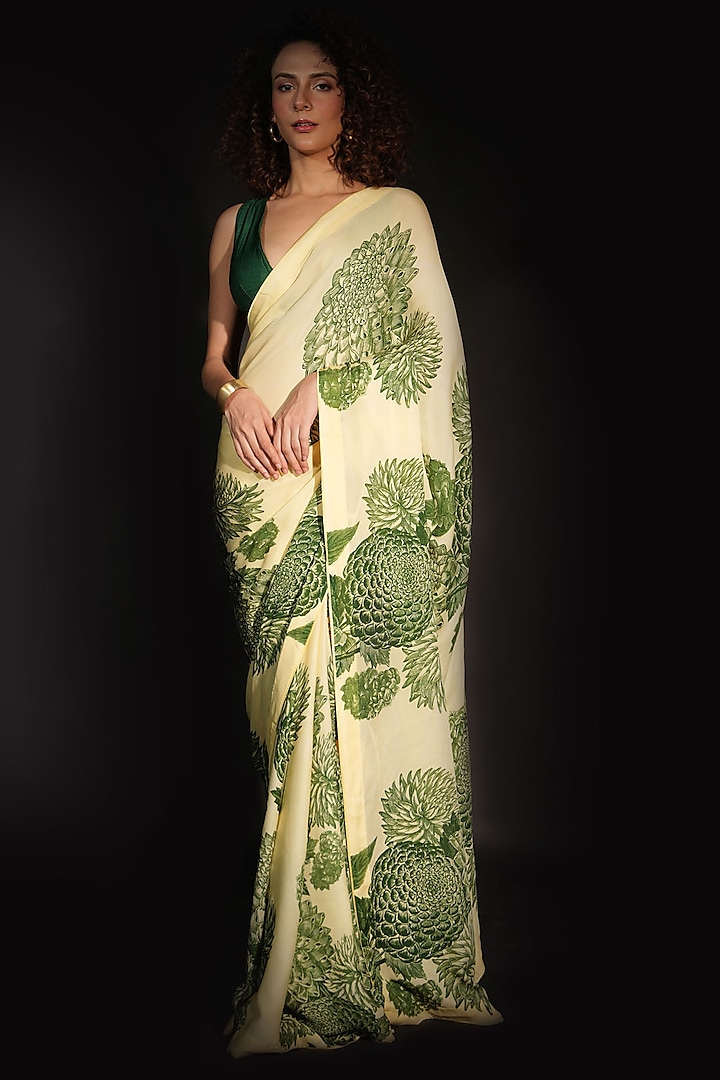 Yellow Satin Georgette Digital Printed Party Wear Saree Set by Isadaa by Rotna Dutt at Pernia's Pop Up Shop