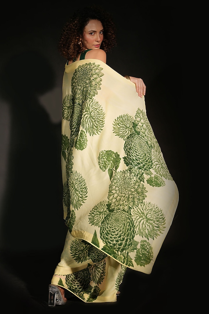 Yellow Satin Georgette Digital Printed Party Wear Saree Set by Isadaa by Rotna Dutt at Pernia's Pop Up Shop