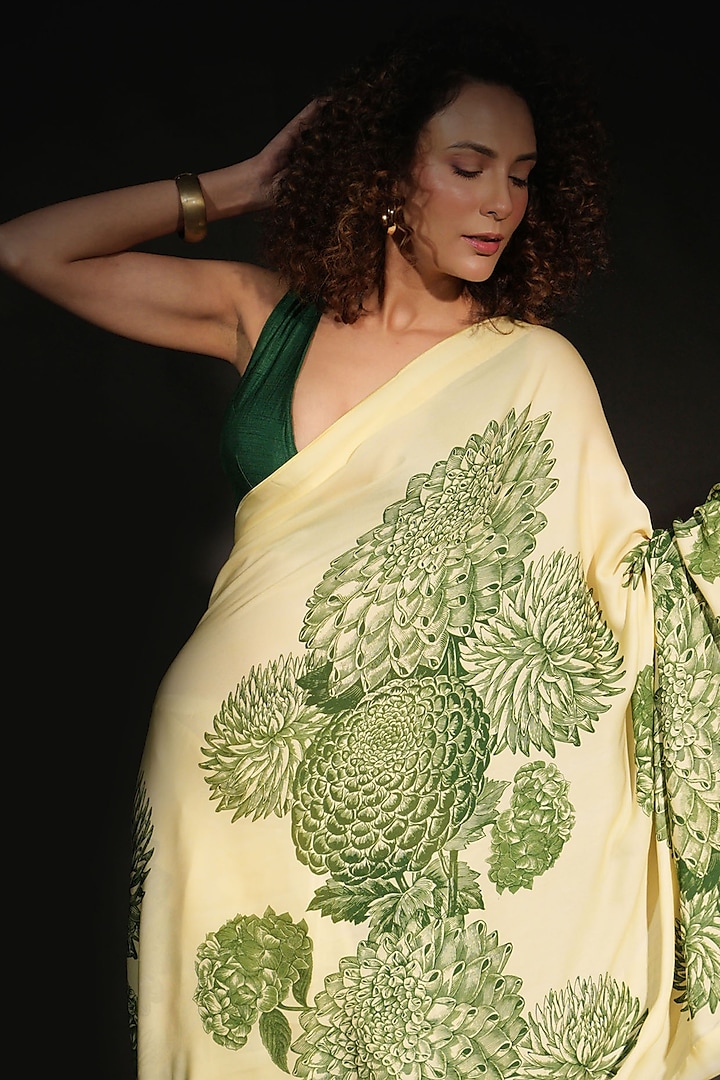 Yellow Satin Georgette Digital Printed Party Wear Saree Set by Isadaa by Rotna Dutt at Pernia's Pop Up Shop