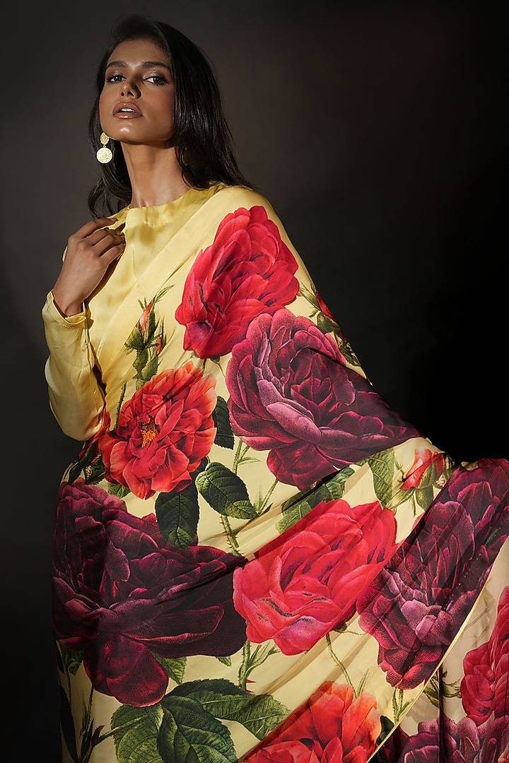 Yellow Satin Georgette Digital Printed Party Wear Saree Set by Isadaa by Rotna Dutt at Pernia's Pop Up Shop