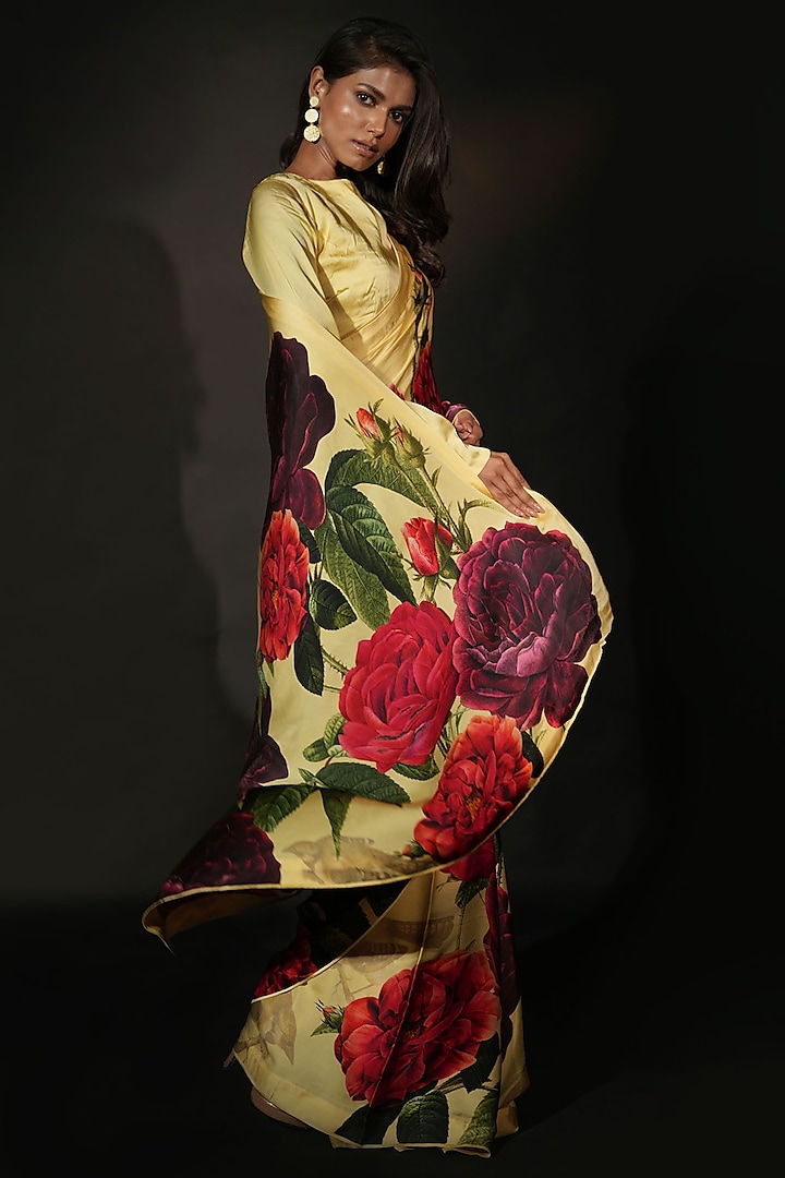 Yellow Satin Georgette Digital Printed Party Wear Saree Set by Isadaa by Rotna Dutt at Pernia's Pop Up Shop
