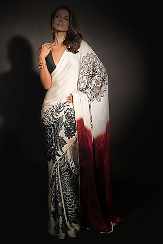 Off-White Satin Georgette Digital Printed Saree Set by Isadaa by Rotna Dutt
