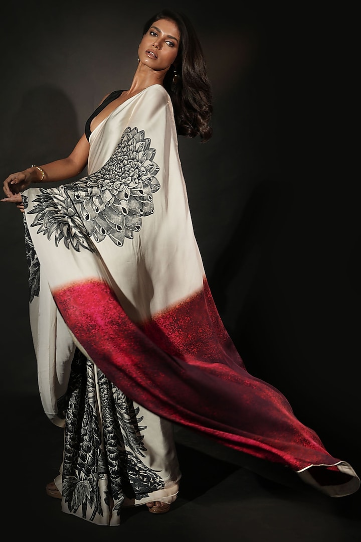 Off-White Satin Georgette Digital Printed Party Wear Saree Set by Isadaa by Rotna Dutt at Pernia's Pop Up Shop
