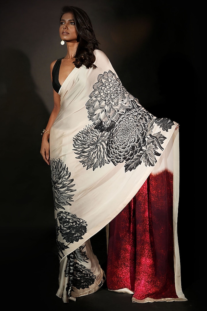 Off-White Satin Georgette Digital Printed Party Wear Saree Set by Isadaa by Rotna Dutt at Pernia's Pop Up Shop