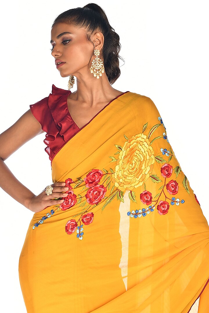 Yellow Satin Georgette Hand Embroidered Saree Set by Isadaa by Rotna ...