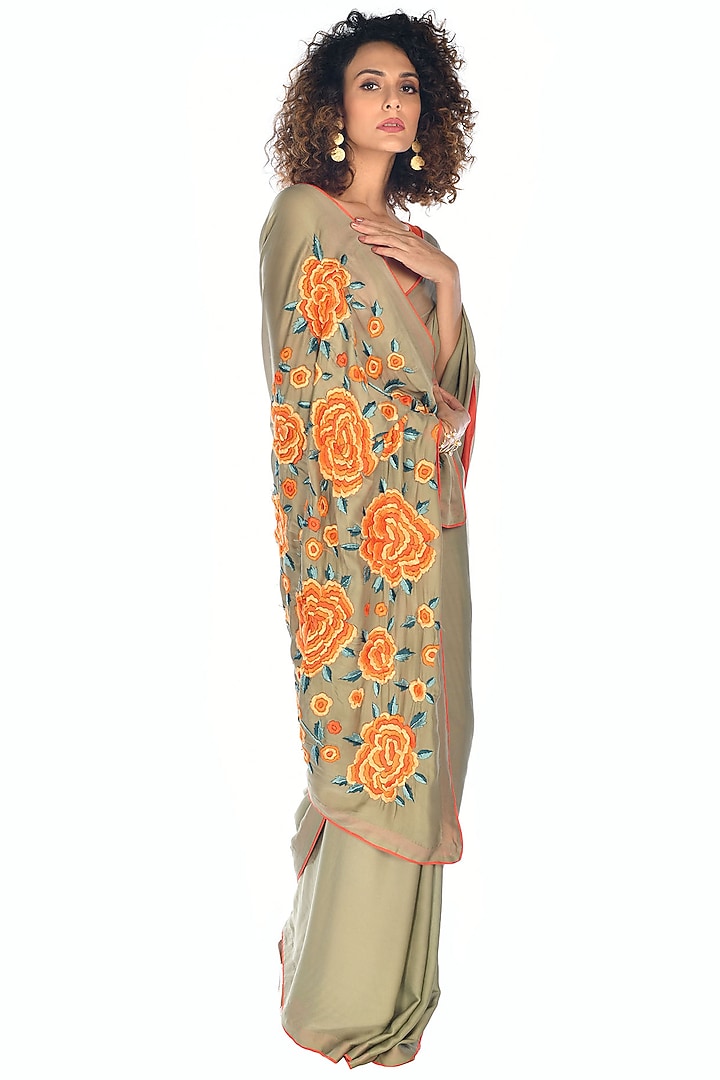 Green Satin Georgette Hand Embroidered Saree Set by Isadaa by Rotna ...