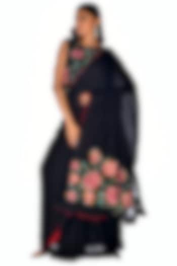 Black Satin Georgette Hand Embroidered Wedding Saree Set by Isadaa by Rotna Dutt at Pernia's Pop Up Shop