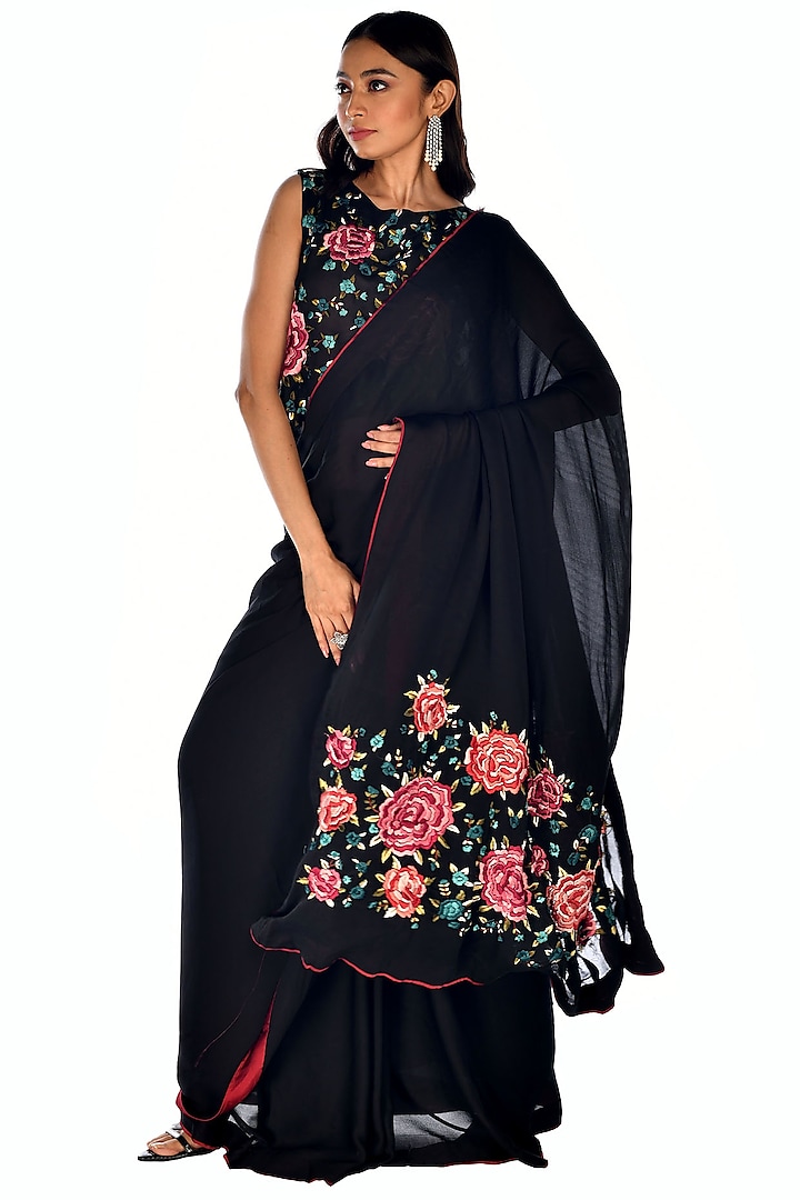 Black Satin Georgette Hand Embroidered Wedding Saree Set by Isadaa by Rotna Dutt at Pernia's Pop Up Shop