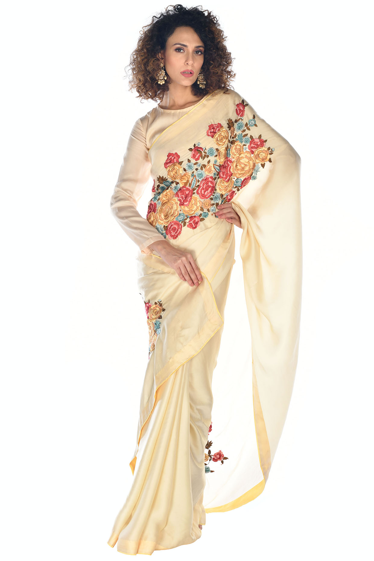 Yellow Satin Organza Hand Embroidered Wedding Saree Set by Isadaa by Rotna Dutt at Pernia's Pop Up Shop