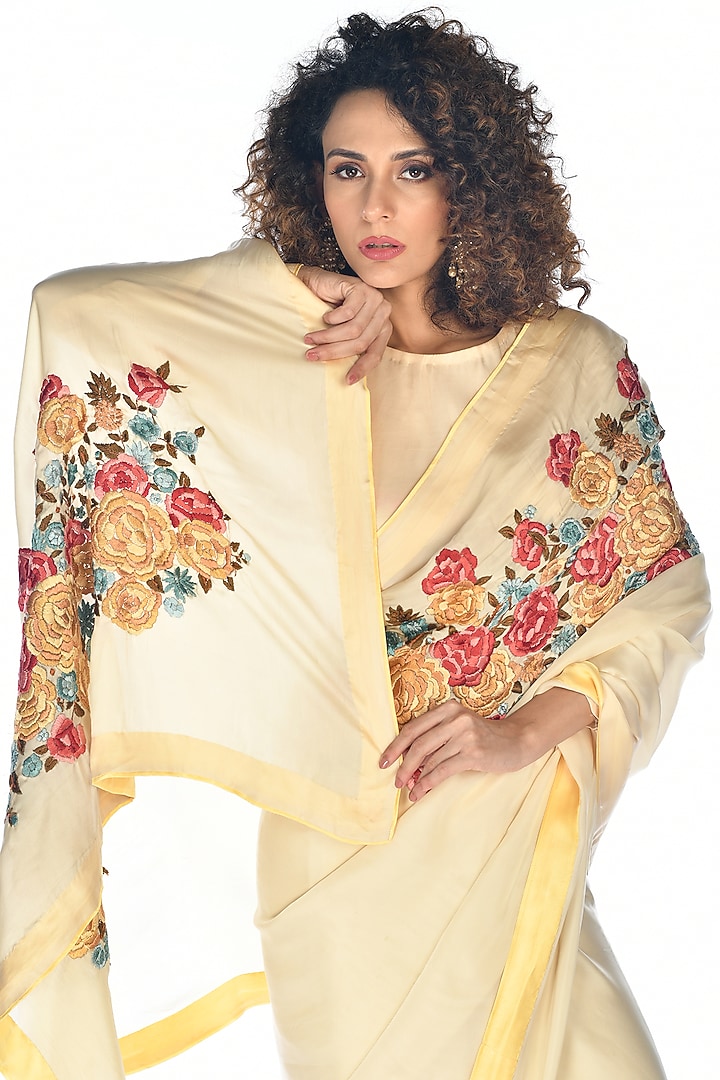Yellow Satin Organza Hand Embroidered Saree Set by Isadaa by Rotna Dutt ...