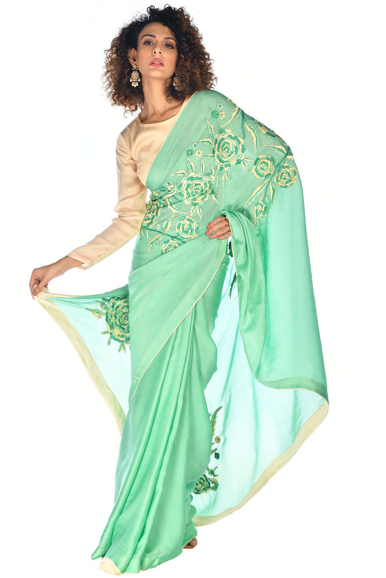 Green Satin Organza Hand Embroidered Saree Set by Isadaa by Rotna Dutt ...