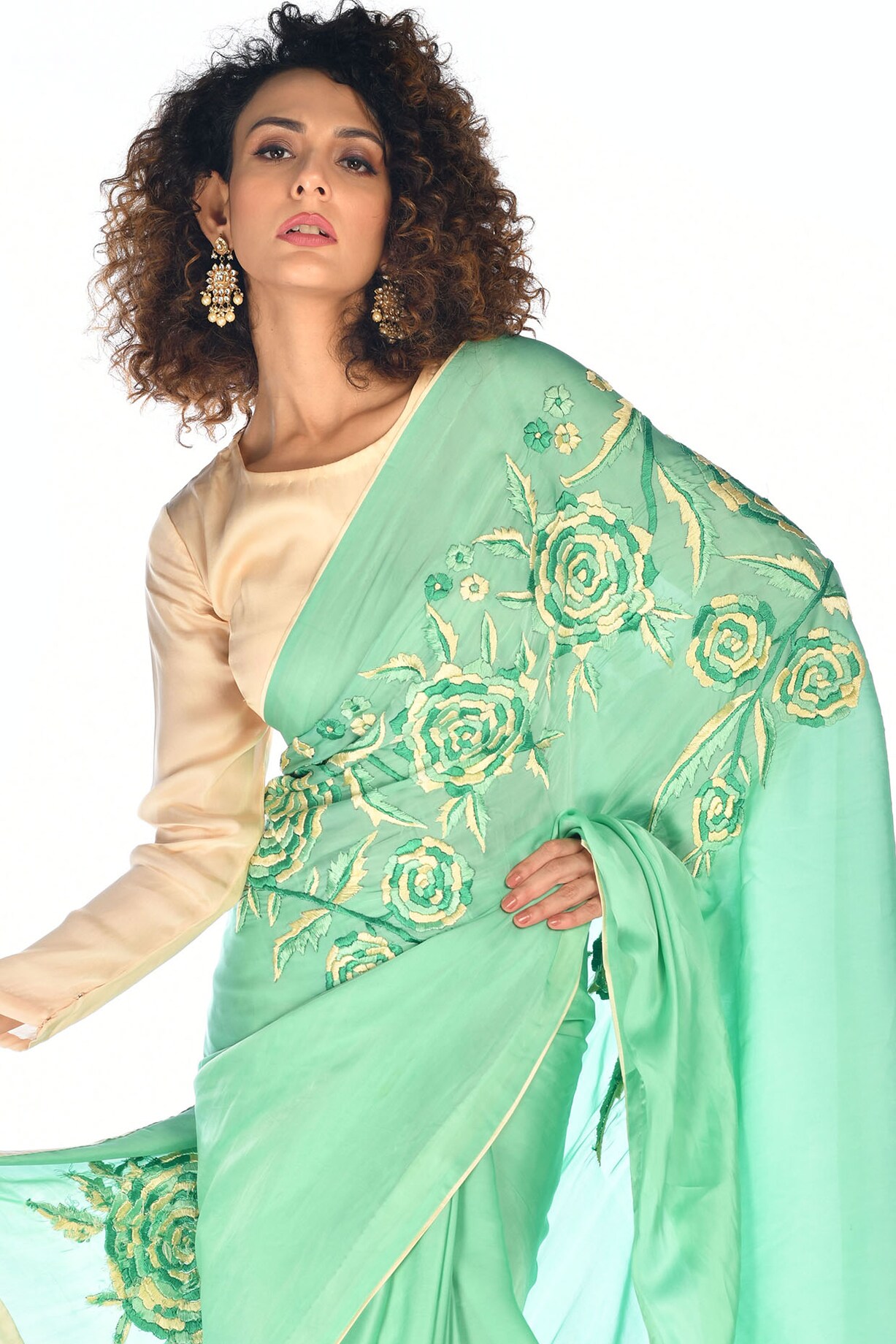Green Satin Organza Hand Embroidered Saree Set by Isadaa by Rotna Dutt ...