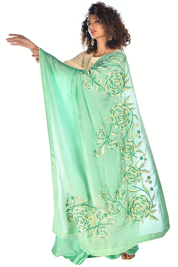 Green Satin Organza Hand Embroidered Saree Set by Isadaa by Rotna Dutt ...