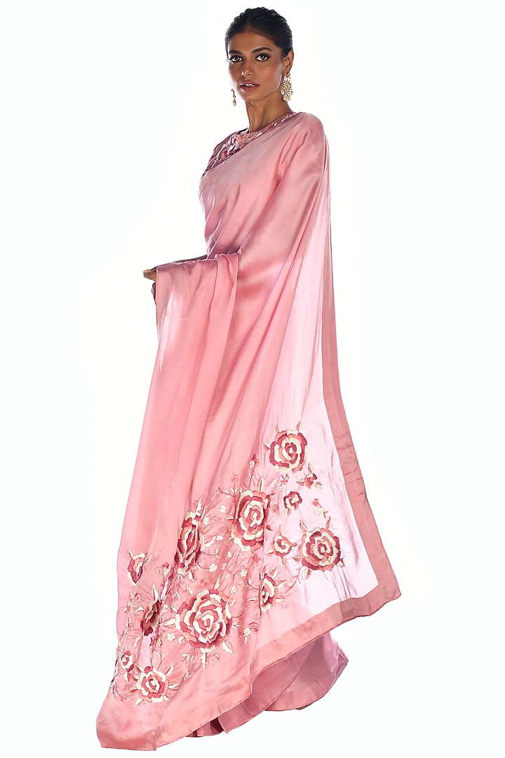 Pink Satin Organza Hand Embroidered Saree Set by Isadaa by Rotna Dutt ...