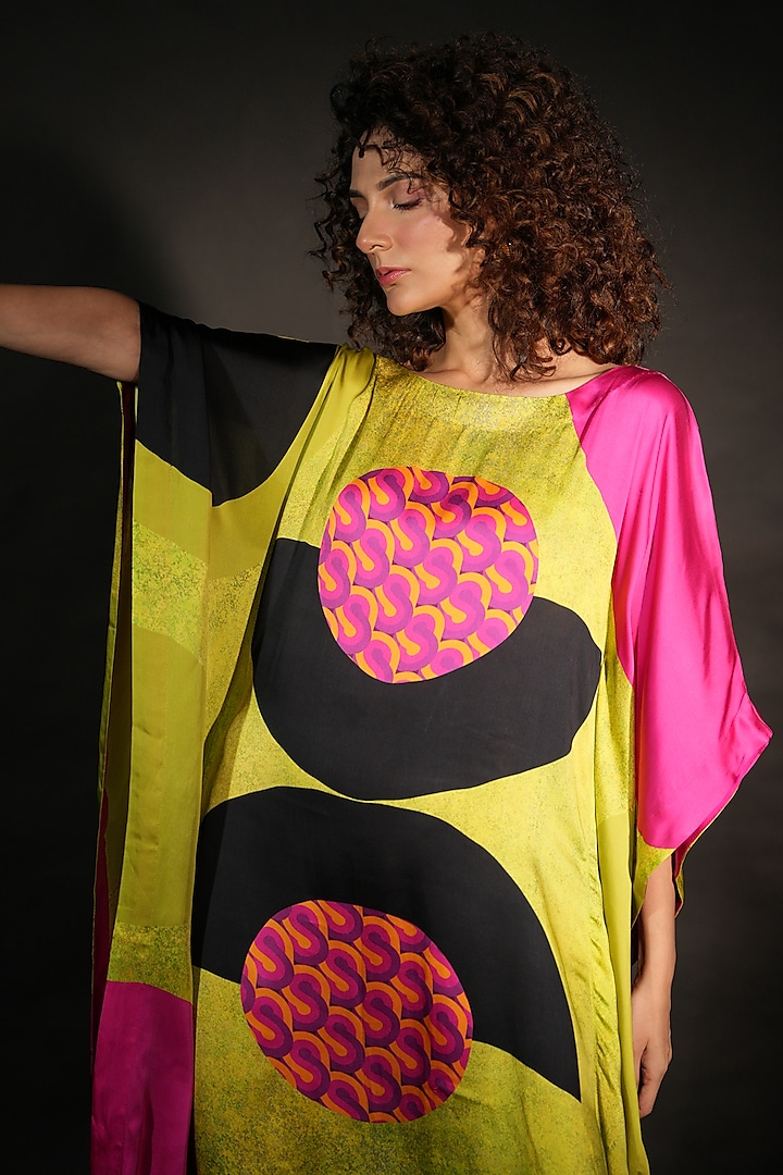 Green Satin Georgette Digital Printed Kaftan by Isadaa by Rotna Dutt at Pernia's Pop Up Shop