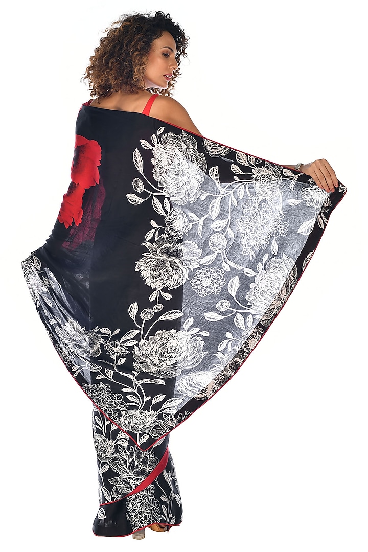 Black Satin Georgette Digital Printed Party Wear Saree Set by Isadaa by Rotna Dutt at Pernia's Pop Up Shop