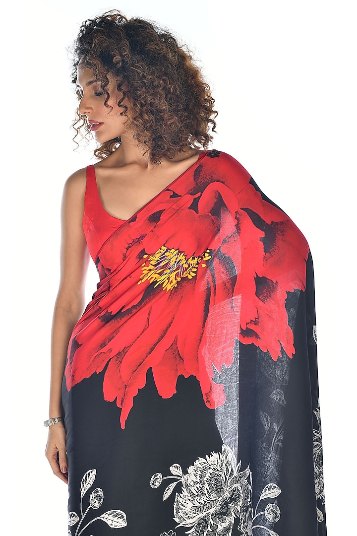 Black Satin Georgette Digital Printed Party Wear Saree Set by Isadaa by Rotna Dutt at Pernia's Pop Up Shop
