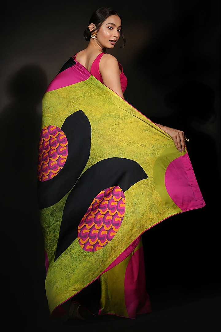 Green Satin Georgette Digital Printed Party Wear Saree Set by Isadaa by Rotna Dutt at Pernia's Pop Up Shop