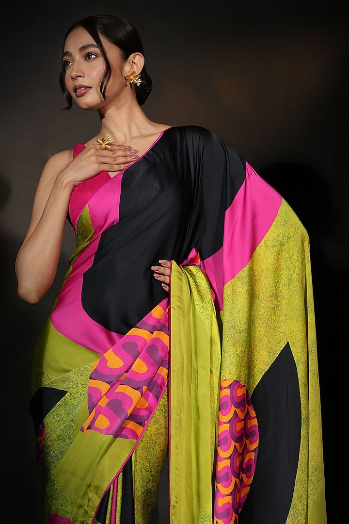 Green Satin Georgette Digital Printed Party Wear Saree Set by Isadaa by Rotna Dutt at Pernia's Pop Up Shop