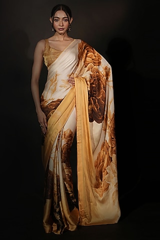 Off-White Satin Georgette Digital Printed Party Wear Saree Set by ...