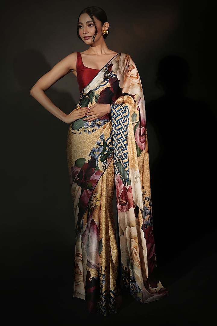 Beige Satin Georgette Digital Printed Saree Set by Isadaa by Rotna Dutt