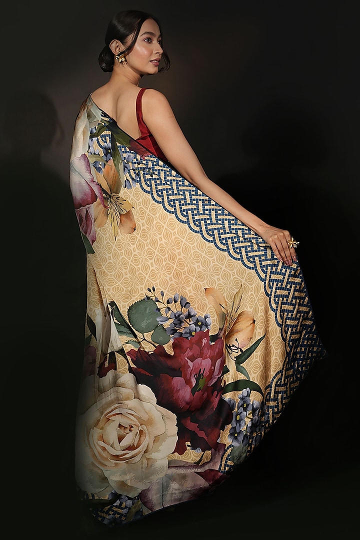 Beige Satin Georgette Digital Printed Party Wear Saree Set by Isadaa by Rotna Dutt at Pernia's Pop Up Shop