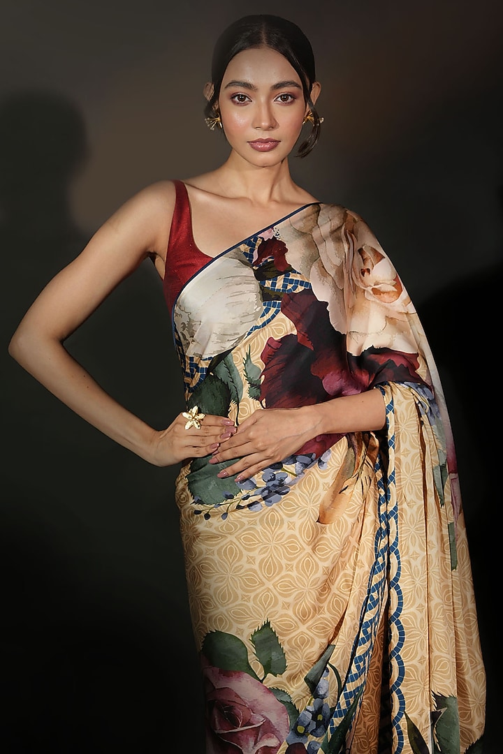Beige Satin Georgette Digital Printed Party Wear Saree Set by Isadaa by Rotna Dutt at Pernia's Pop Up Shop
