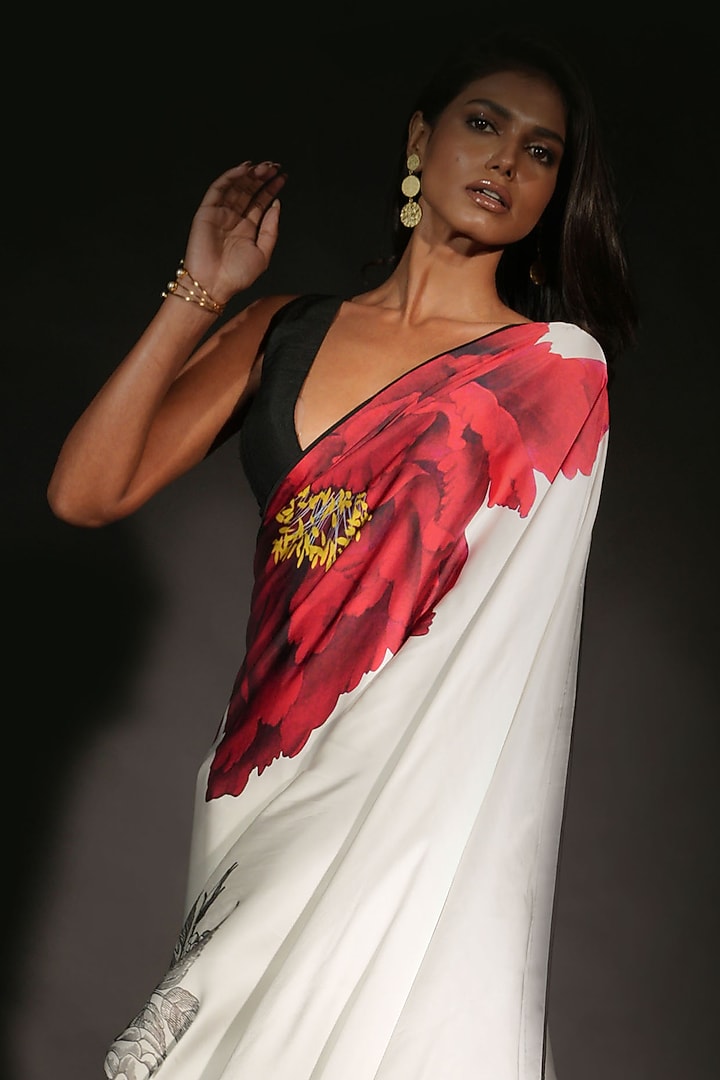 Off-White Satin Georgette Digital Printed Party Wear Saree Set by Isadaa by Rotna Dutt at Pernia's Pop Up Shop