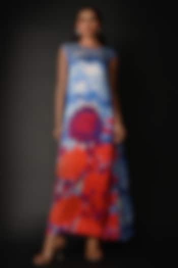 Blue Satin Georgette Digital Printed Maxi Summer Dress by Isadaa by Rotna Dutt at Pernia's Pop Up Shop