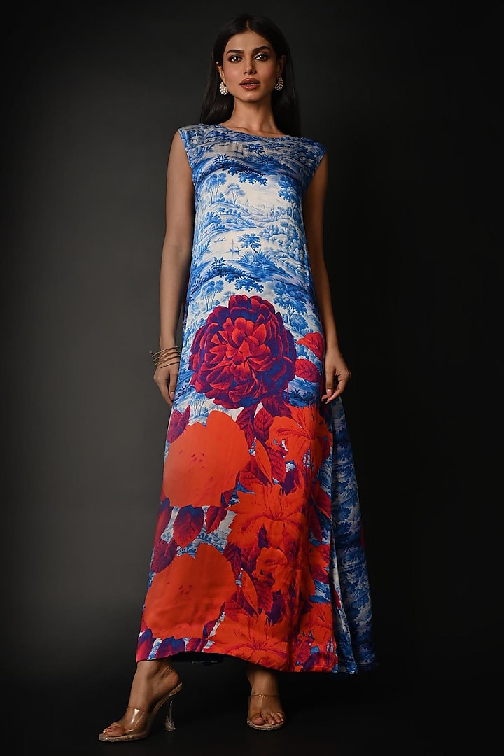 Blue Satin Georgette Digital Printed Maxi Summer Dress by Isadaa by Rotna Dutt at Pernia's Pop Up Shop