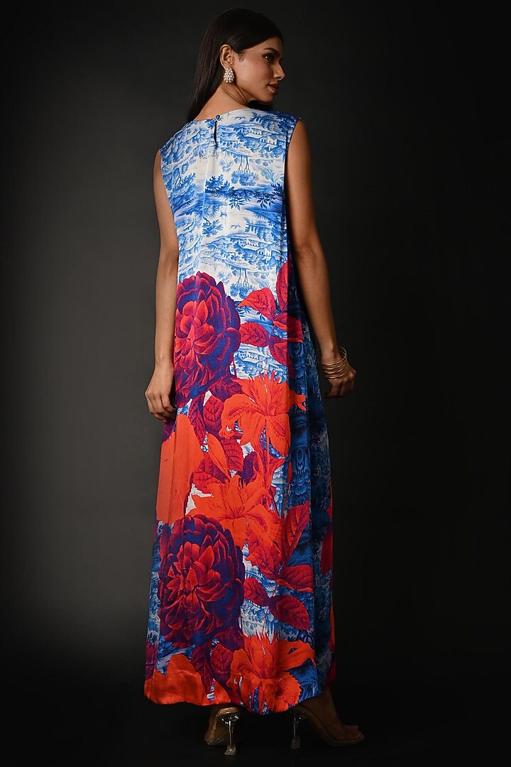 Blue Satin Georgette Digital Printed Maxi Summer Dress by Isadaa by Rotna Dutt at Pernia's Pop Up Shop