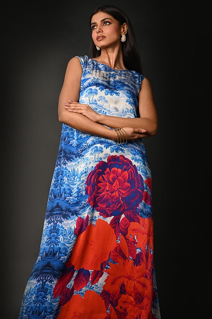 Blue Satin Georgette Digital Printed Maxi Summer Dress by Isadaa by Rotna Dutt at Pernia's Pop Up Shop