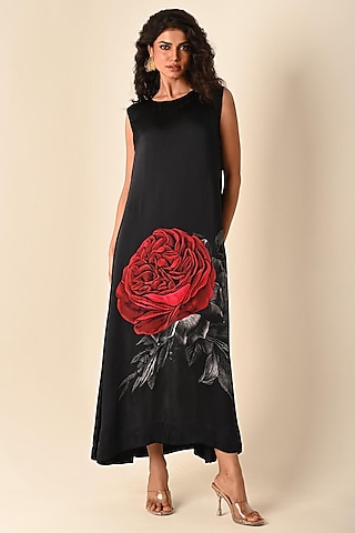 Black Satin Georgette Digital Printed Maxi Dress by Isadaa by Rotna Dutt