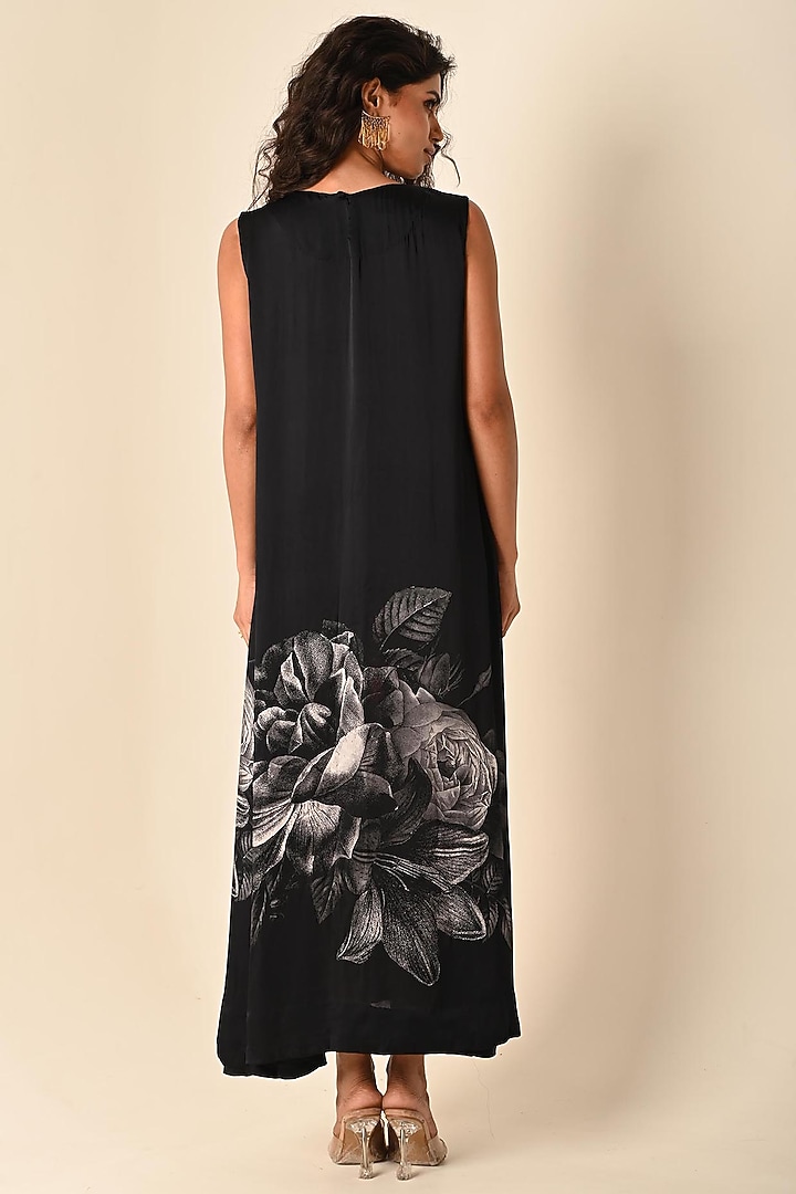 Black Satin Georgette Digital Printed Maxi Summer Dress by Isadaa by Rotna Dutt at Pernia's Pop Up Shop