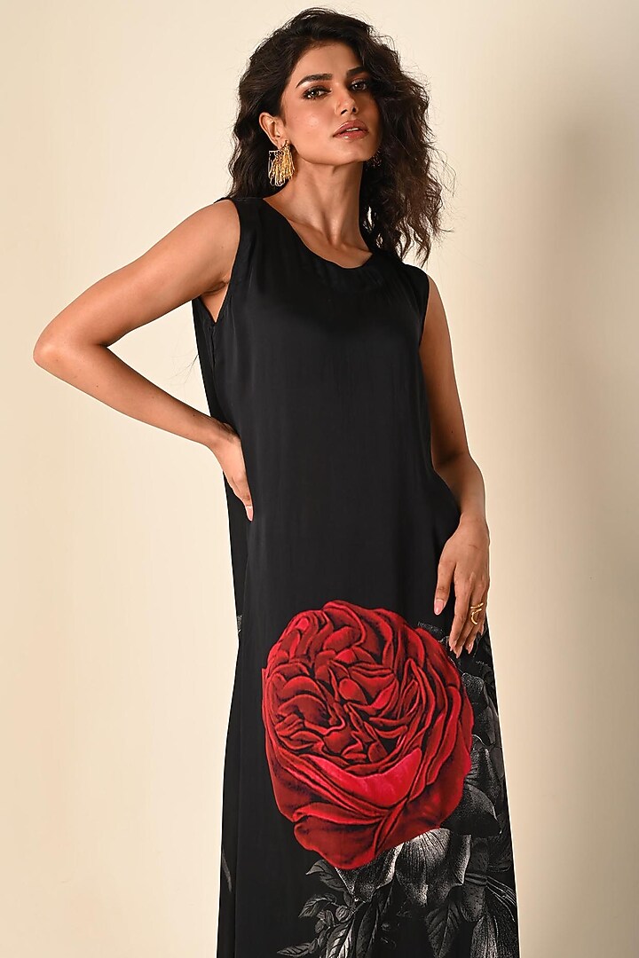 Black Satin Georgette Digital Printed Maxi Summer Dress by Isadaa by Rotna Dutt at Pernia's Pop Up Shop