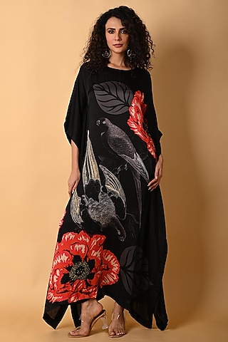 Black Satin Georgette Digital Printed Kaftan Set by Isadaa by Rotna Dutt
