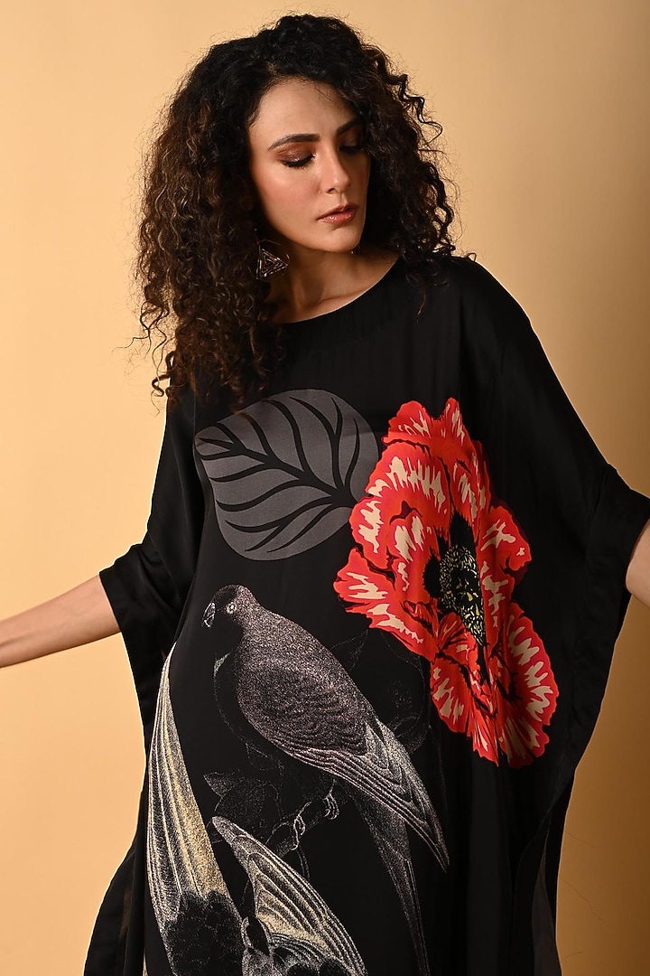 Black Satin Georgette Digital Printed Kaftan Set by Isadaa by Rotna Dutt at Pernia's Pop Up Shop
