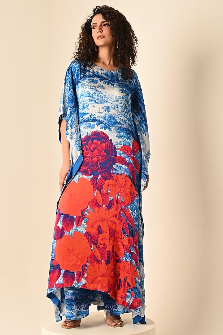 Blue Satin Georgette Digital Printed Kaftan Set by Isadaa by Rotna Dutt at Pernia's Pop Up Shop
