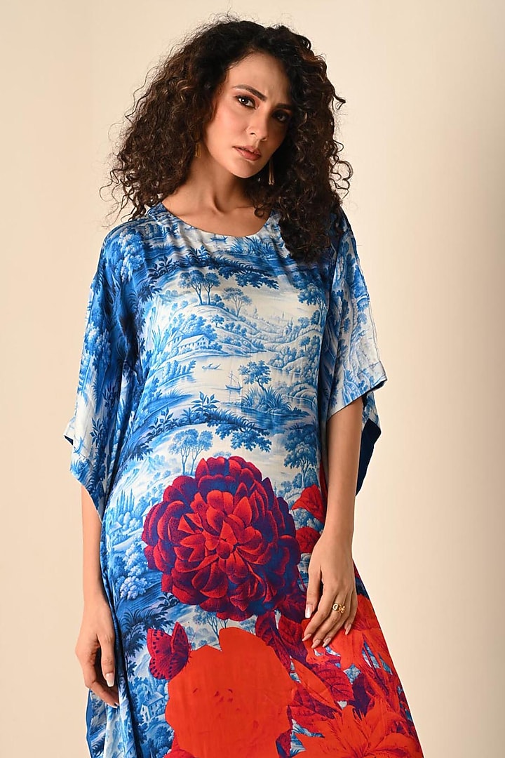 Blue Satin Georgette Digital Printed Kaftan Set by Isadaa by Rotna Dutt at Pernia's Pop Up Shop