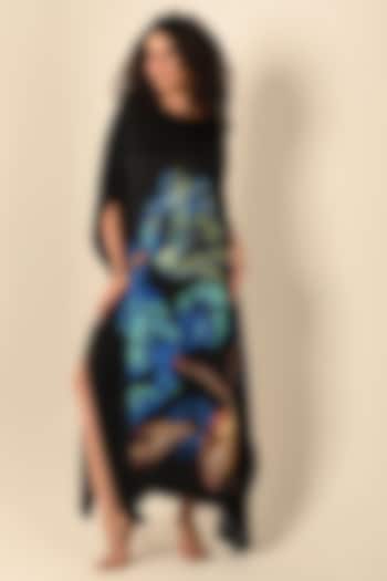 Black Satin Georgette Digital Printed Kaftan by Isadaa by Rotna Dutt at Pernia's Pop Up Shop
