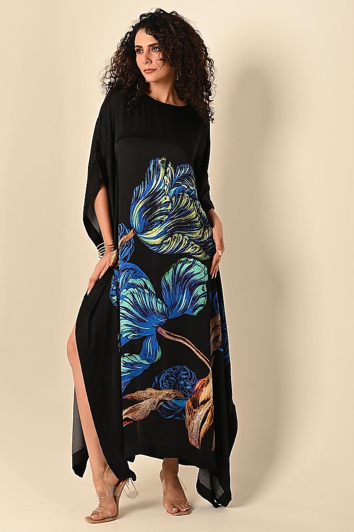 Black Satin Georgette Digital Printed Kaftan by Isadaa by Rotna Dutt at Pernia's Pop Up Shop