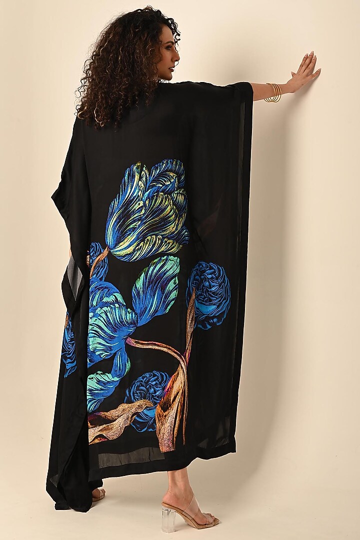 Black Satin Georgette Digital Printed Kaftan by Isadaa by Rotna Dutt at Pernia's Pop Up Shop