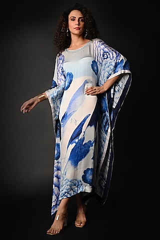 Blue Satin Georgette Digital Printed Kaftan by Isadaa by Rotna Dutt