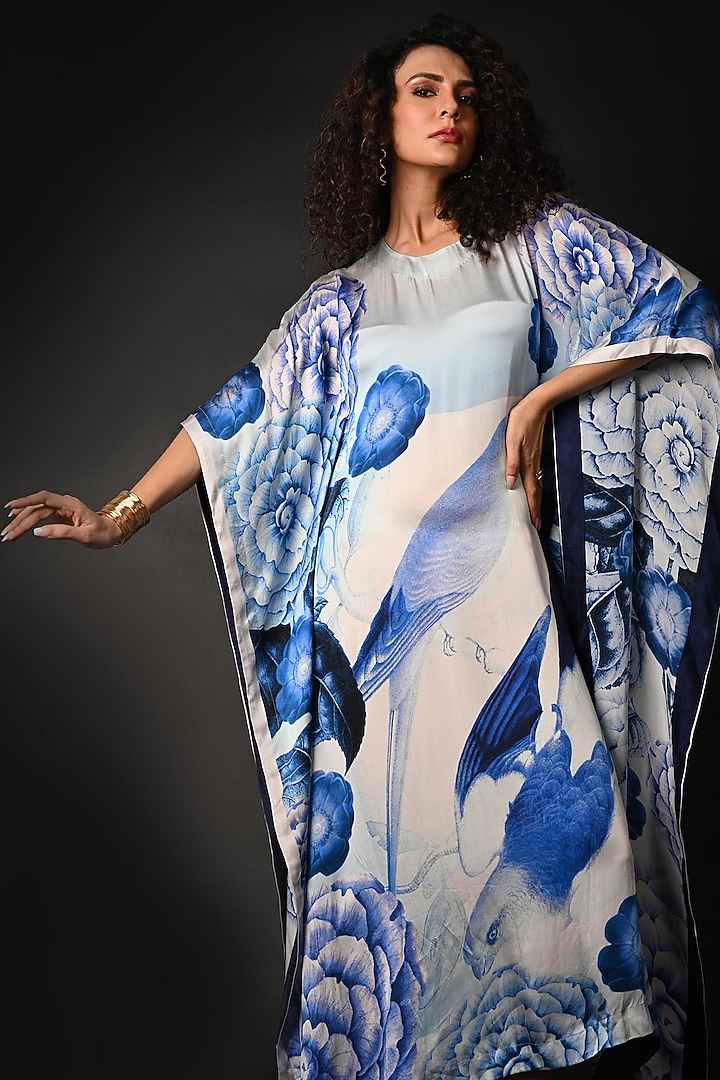 Blue Satin Georgette Digital Printed Kaftan by Isadaa by Rotna Dutt at Pernia's Pop Up Shop