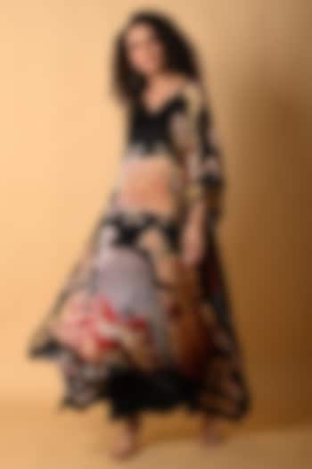 Black Satin Georgette Digital Printed Kaftan Set by Isadaa by Rotna Dutt at Pernia's Pop Up Shop
