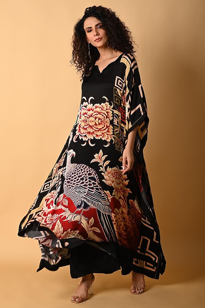 Black Satin Georgette Digital Printed Kaftan Set by Isadaa by Rotna Dutt at Pernia's Pop Up Shop